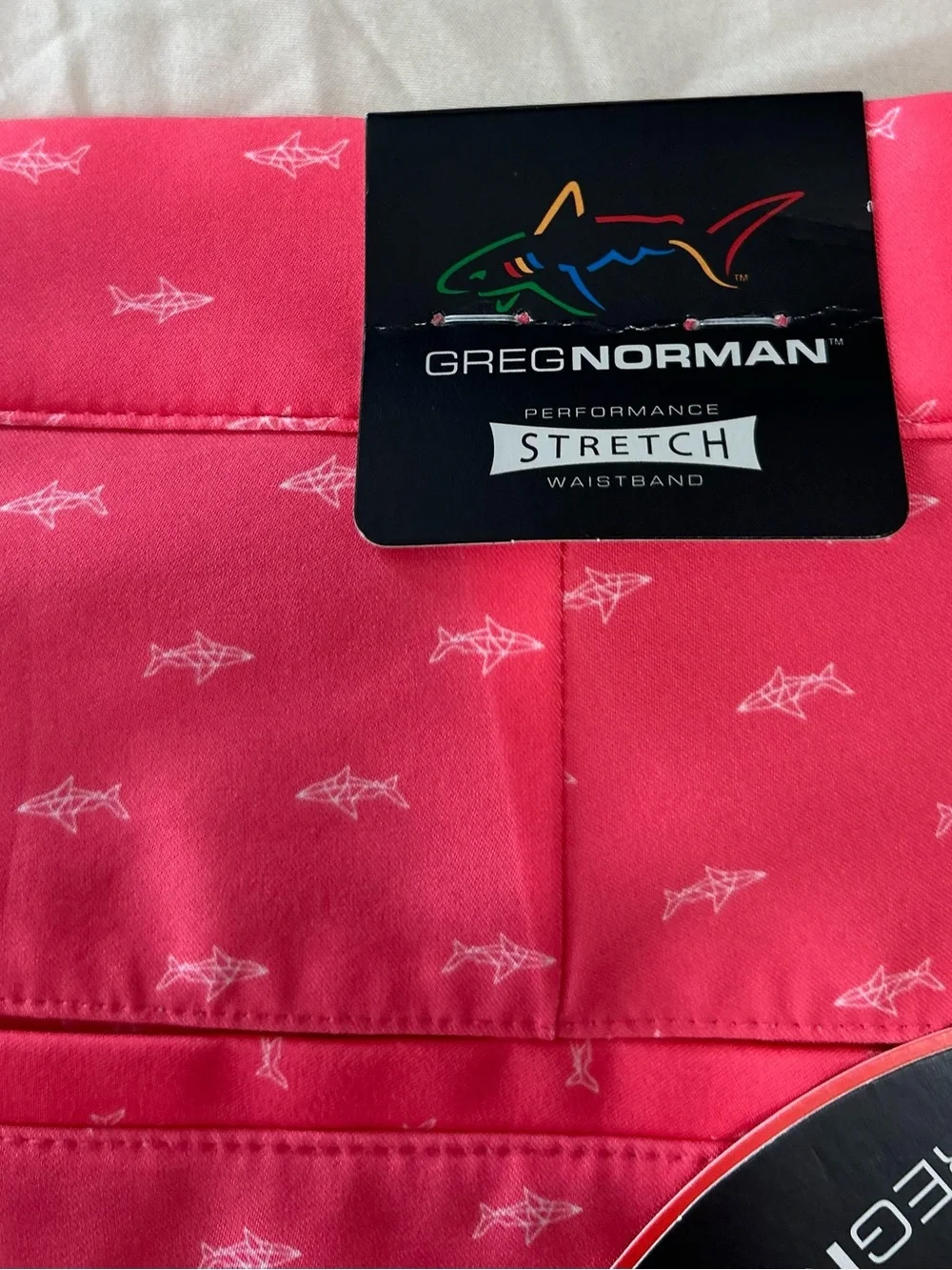 NWT Greg Norman Golf Shorts Men’s  36 Coral Pink AOP Shark Print Stretch